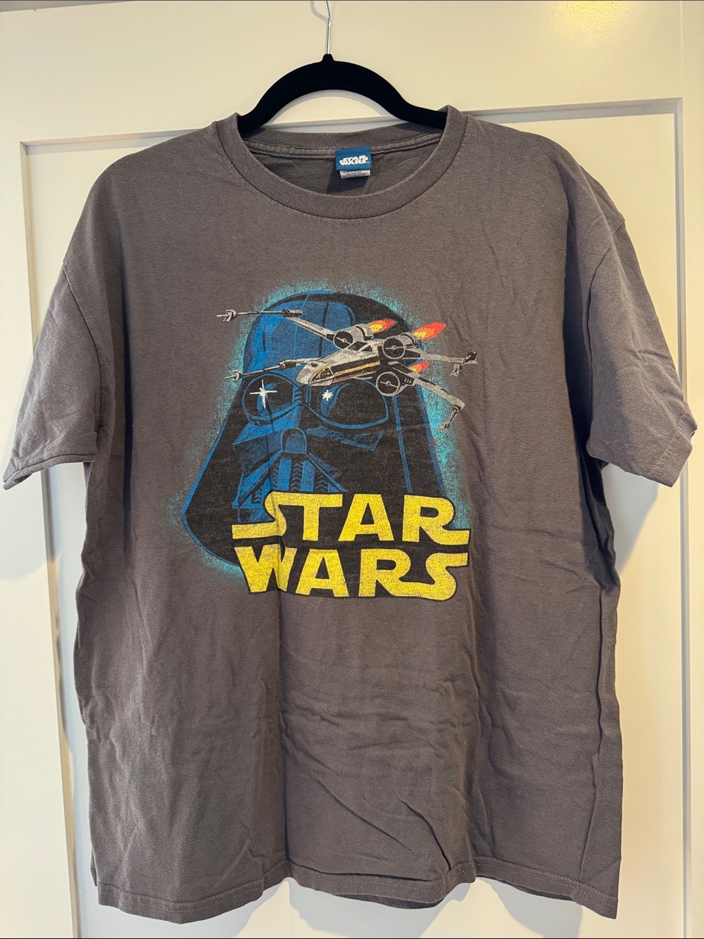 Star Wars Blue Logo Tag on Gray Tee